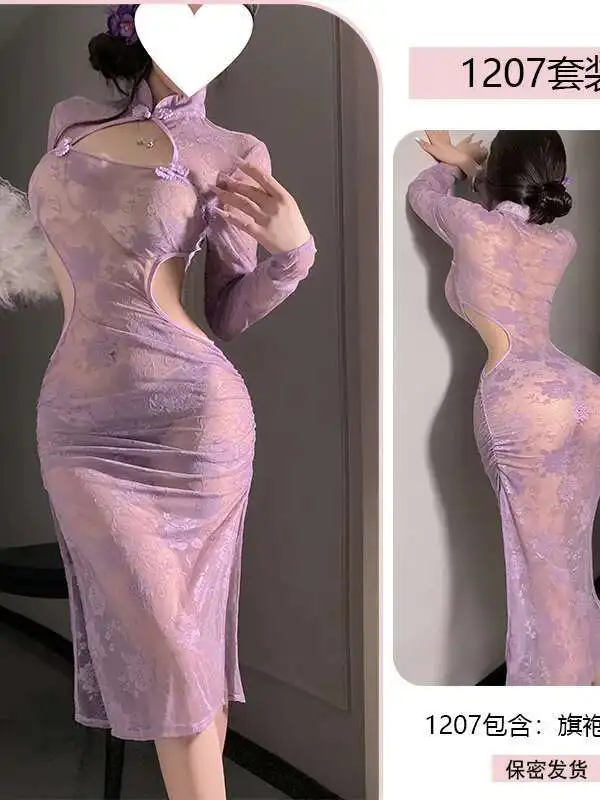 Sexy New Chinese Style Cheongsam Female Sexy Lace Sheer Slim Uniform Dress Elegant Mesh Lace Sheer Women Dresses Tops D6LY