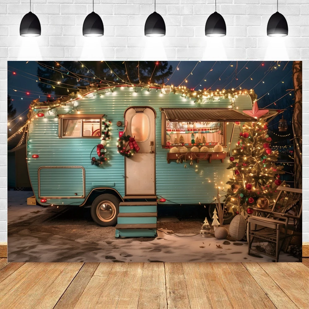 Winter Snowy Bus Christmas Background Photography Camping Forest Xmas Trees Kids Family Portrait Christmas Backdrop Photo Studio