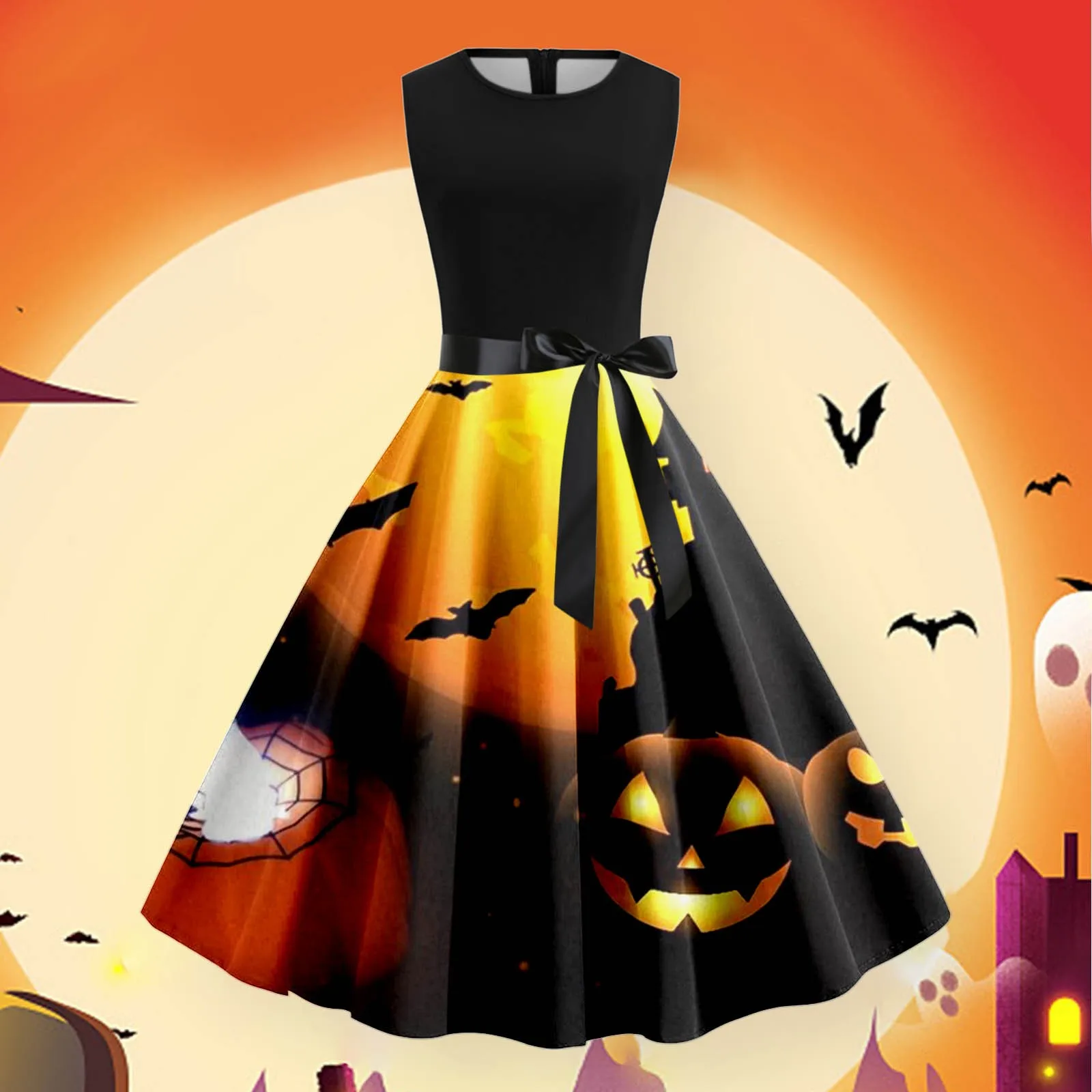 Abóbora gótica vintage feminina estampada vestidos de princesa sem alças, vestidos longos de Halloween, cinto fino, vestido maxi cintura cocktail