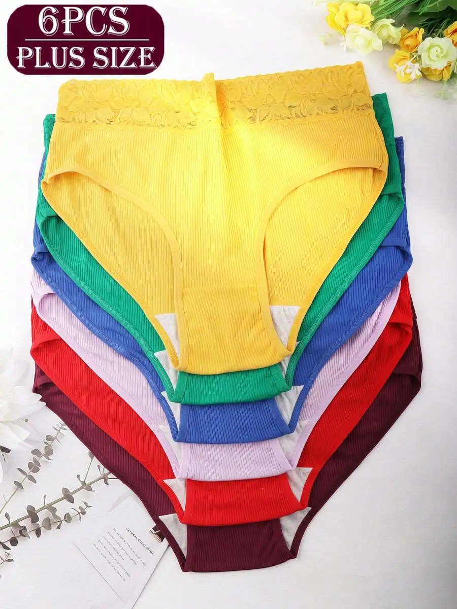 Paquete de 6 bragas de algodón acanalado para mujer, talla grande, con cintura de encaje y estampado floral