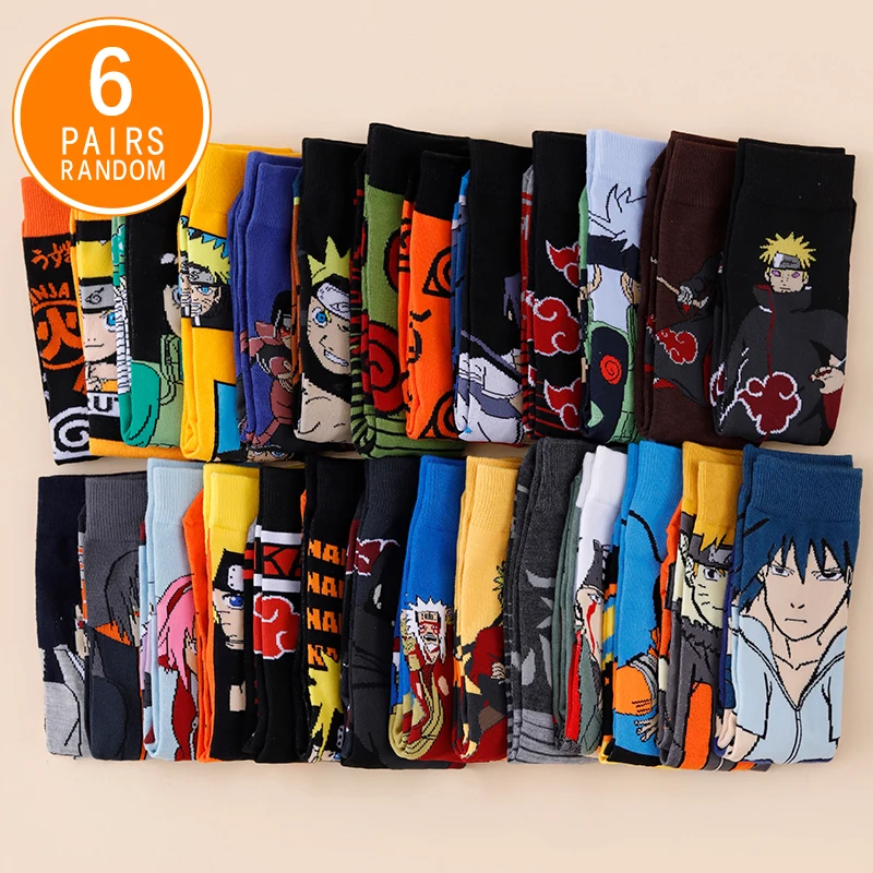 6 Paar zufällige Bandai Hip-Hop Street Style Naruto Anime Socken für Männer und Frauen – Neuartige und interessante Freizeit-Crew-Socken