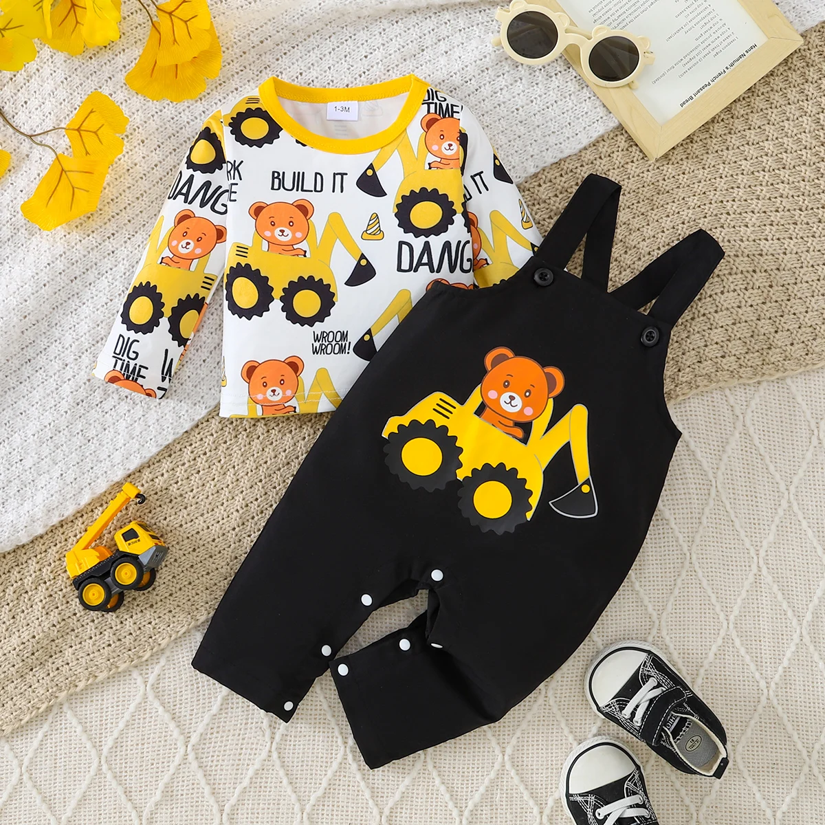 2-Piece Construction Bear Print Top & Overalls Set | Spring Baby Boy Outfit with Snap Buttons