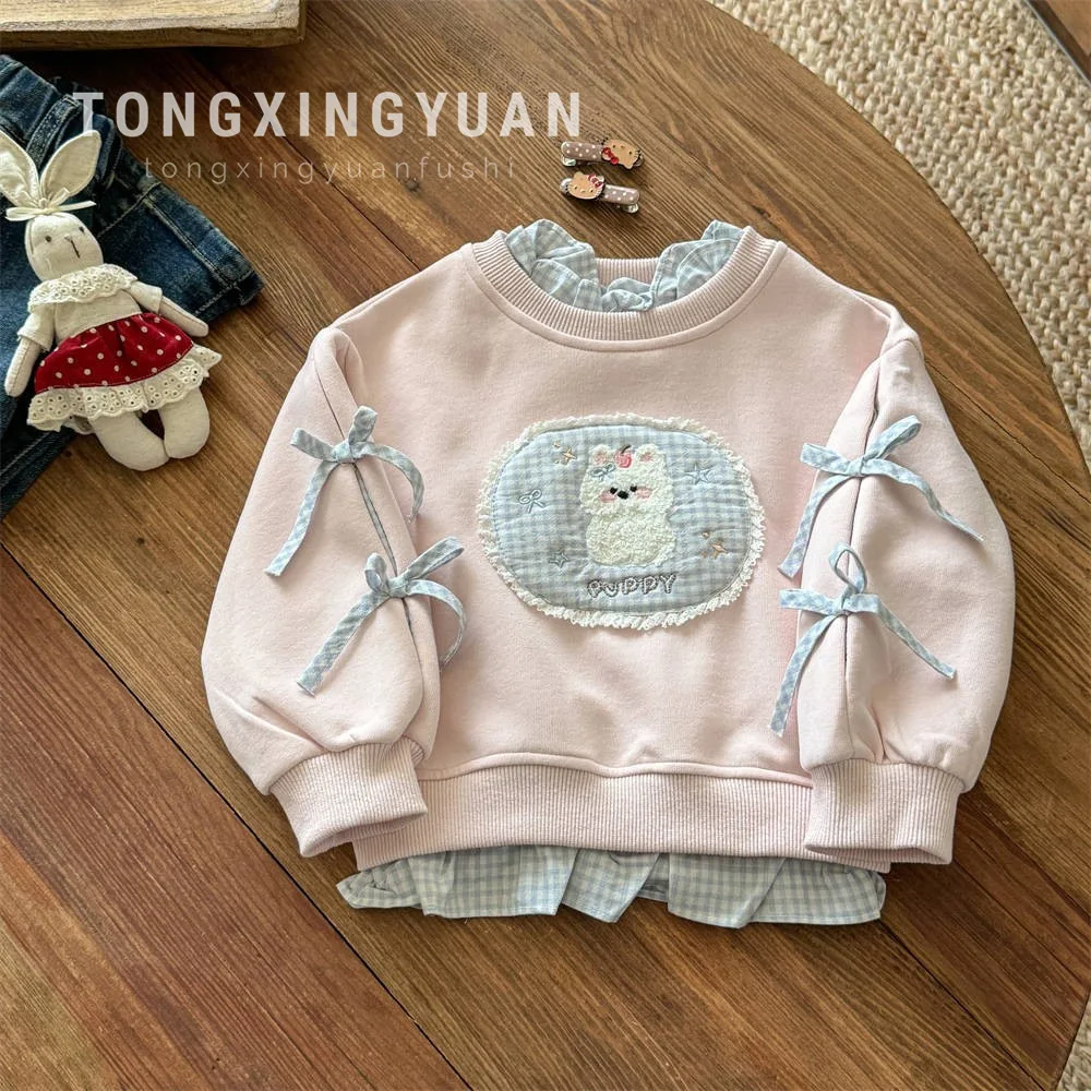 Girls' Hoodie Spring and Autumn 2025 New Item, Fake Two-piece Clothes for Little Girls Baby Autumn Long Sleeved Top