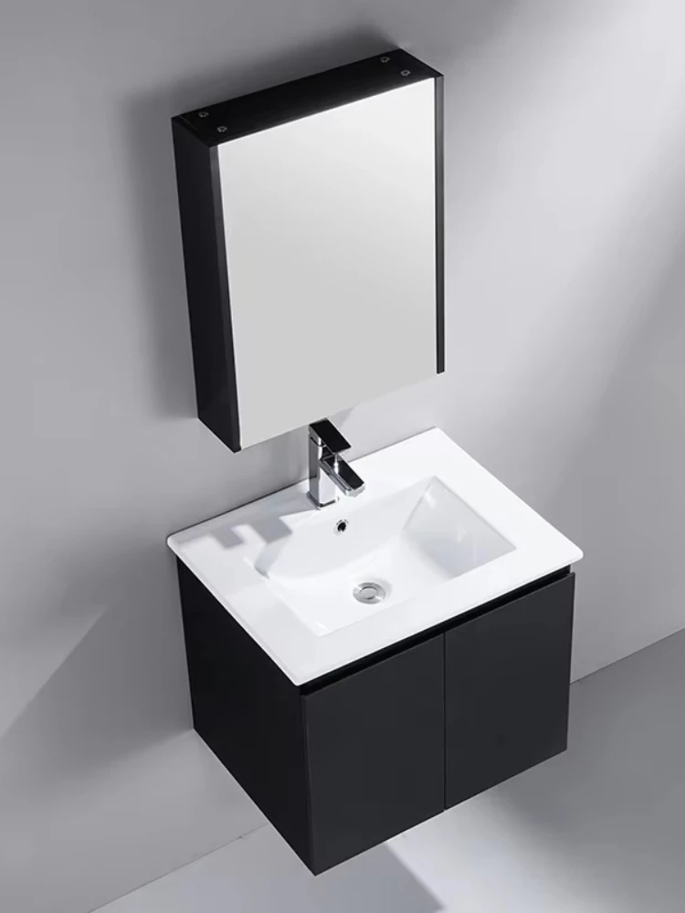 Mobile piccolo moderno, mobile da bagno a parete in compensato nero con lavabo e specchio