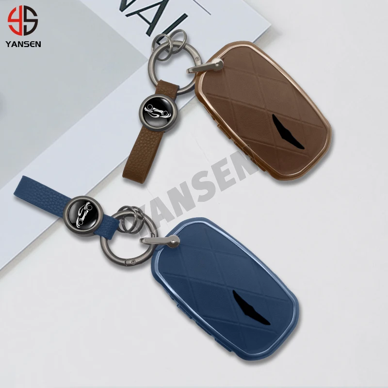 

Aluminum Leather Key Cover Case for Hyundai Genesis G90 GV60 2024 Remote Fob Holder Protective Shell Keychain Accessories