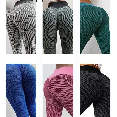 Women\'s Jacquard Honeycomb Leggings Bodybuilding Bubble Pants Peach Hip High Waist Fitness Tight Yoga Pants