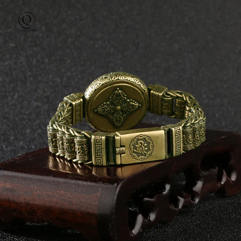 Brass Buddhist Scriptures Cuff Bangles Pure Copper Buddhism Mantra Lucky Bracelets Vintage rotating Women Men Hands Jewelry