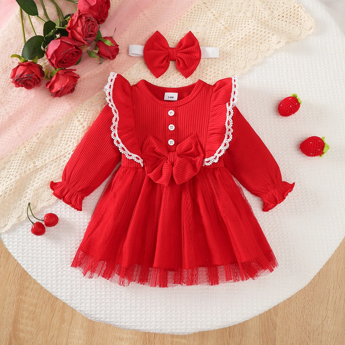 Baby Girl Festival Party Dress Red Ruffle Mesh Long Sleeve Dress+Bow Suitable 0-24 Months Baby Girl New Year Dress