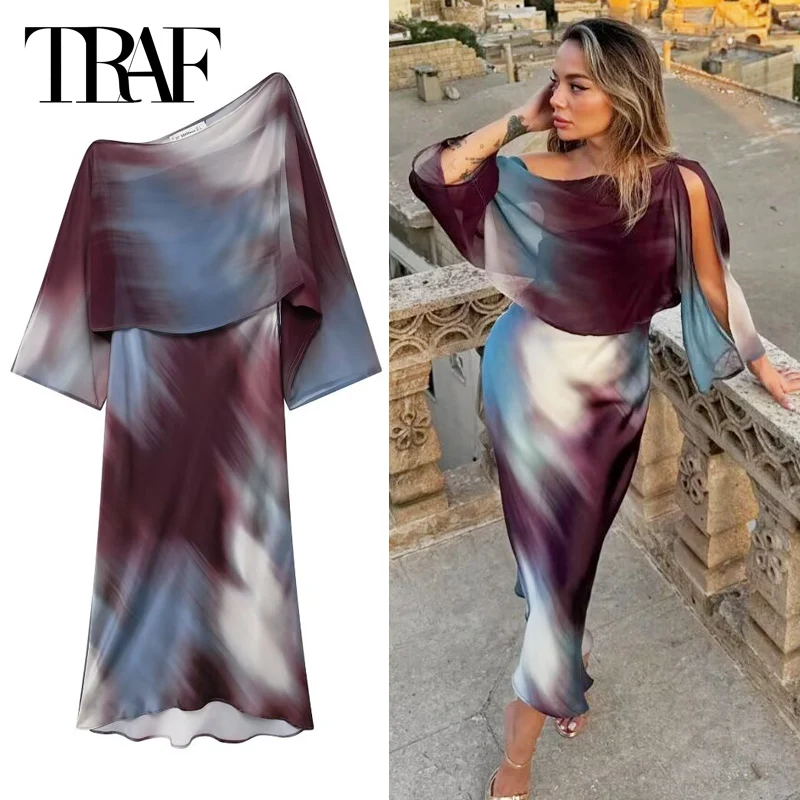 TRAF Tie Dye Satin Dresses Women\'s Dress Summer Asymmetric Long Dresses Midi Tierred Long Sleeve Vestidos Evening Dresses 2024