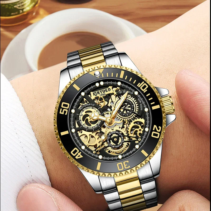 Kinyued Men Mechanical Automatic Wristwatches 30m Waterproof Hand Luminous Staniless Steel Strap Business Watches for Man