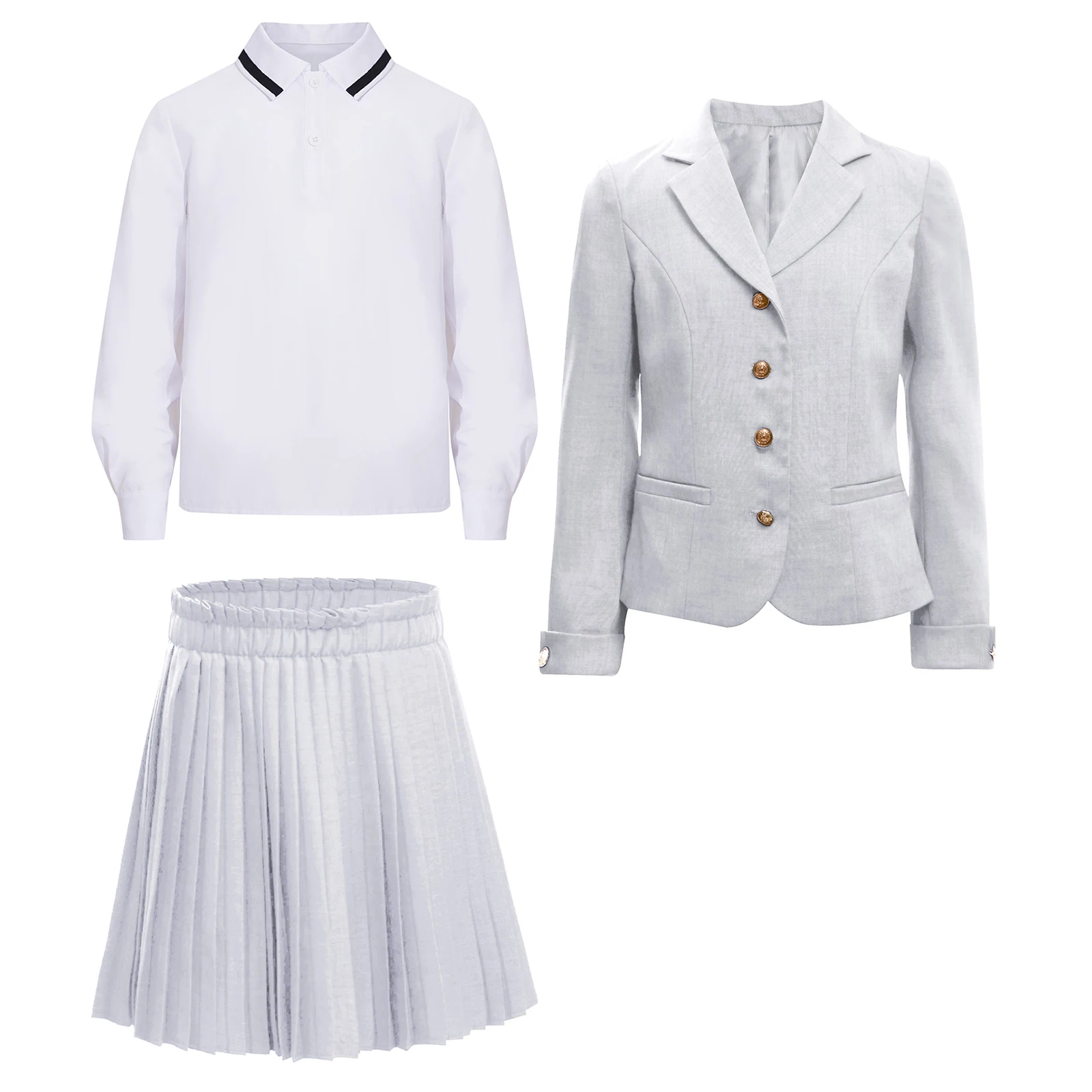 Kids Girls Fashion School Uniform Set 3 Piece Blazer with Pleated Skirt And Long Sleeve Pullover Shirt for Formal Wear