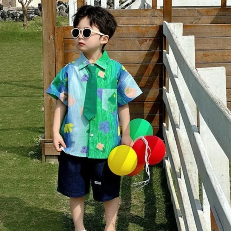 Boys' Flower Print Short Sleeve Shirt Resort Style Summer Lightweight Kids' Beachwear Children's Day Costume