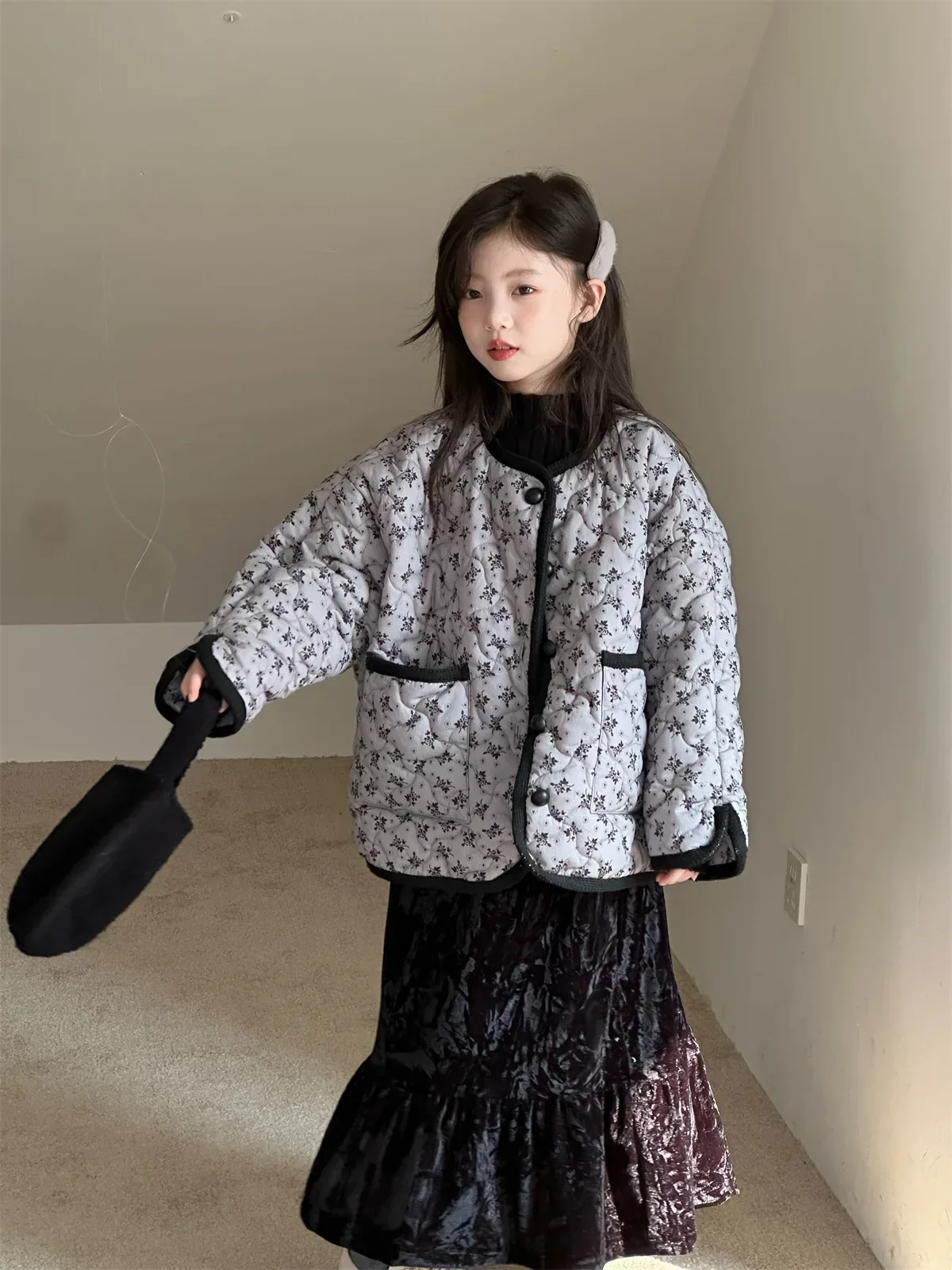 Girls' Cotton Jacket 2025 Winter New Style Children's Countryside Style Cotton Jacket Floral Warm Top