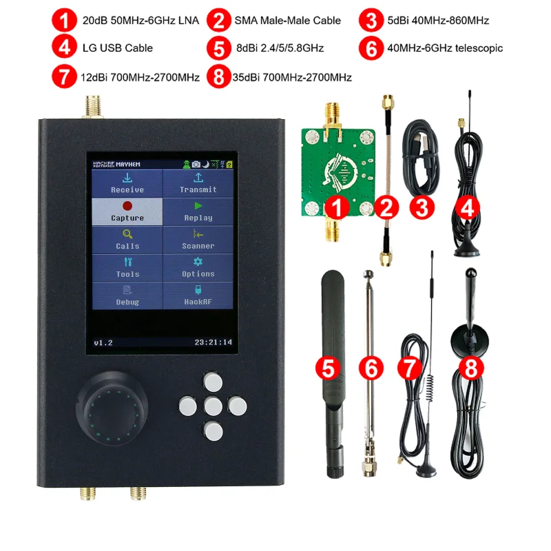 1MHz-6GHz SDR Radio Receiver Unassembled Black Shell HackRF One + PortaPack H2 with LNA S-MA Cable