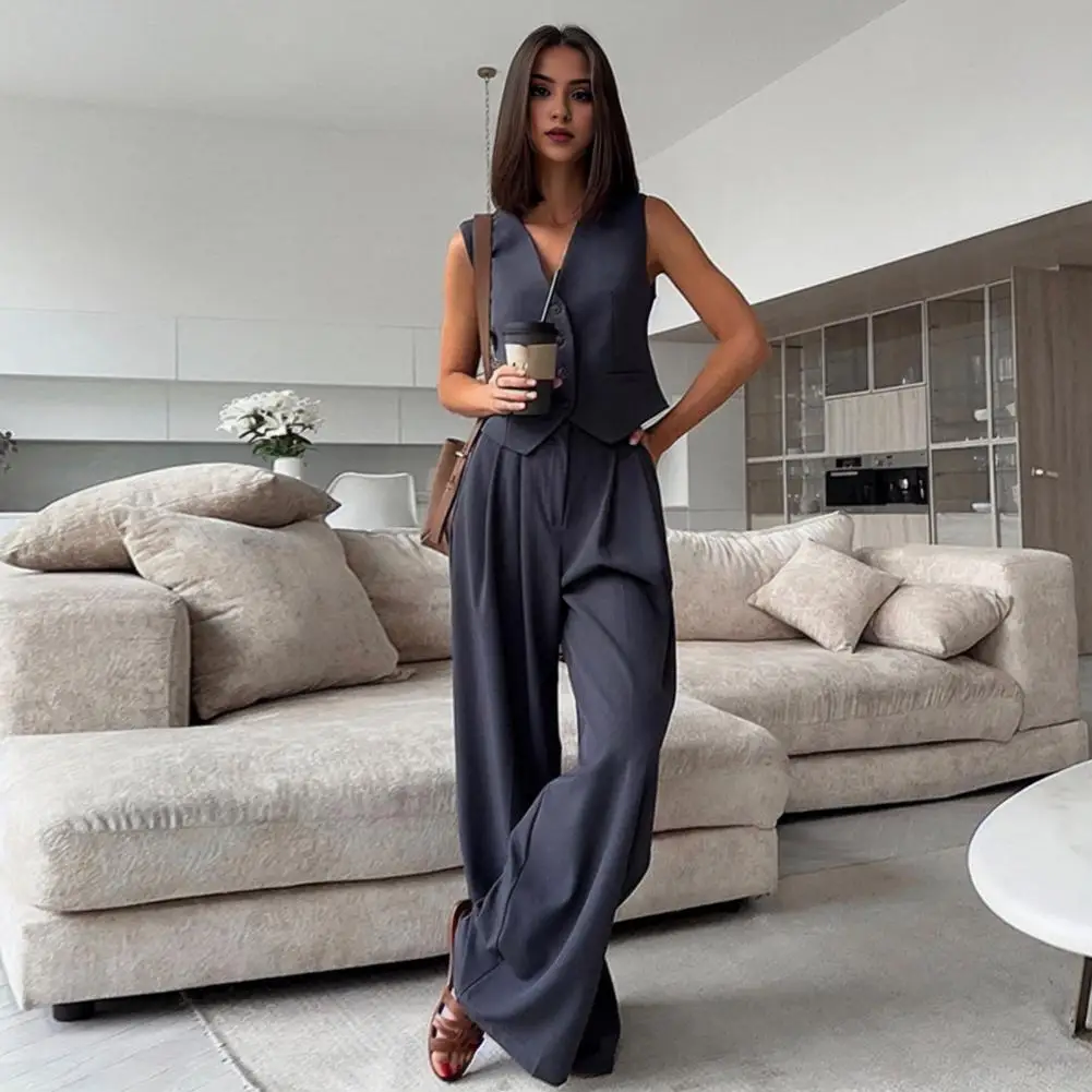 

Ol Commuting Style Outfit Elegant Women's Vest Pants Set for Office Wear V Neck Sleeveless Top with High Waist Wide for Women