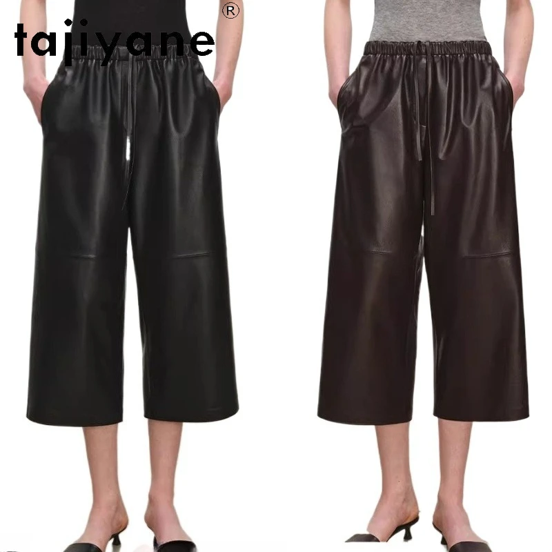 

TAJIYANE 100% Sheepskin Pants for Woman Casual Wide Leg Cropped Pants Genuine Leather Trouser Spring Women Clothes 2026 calça