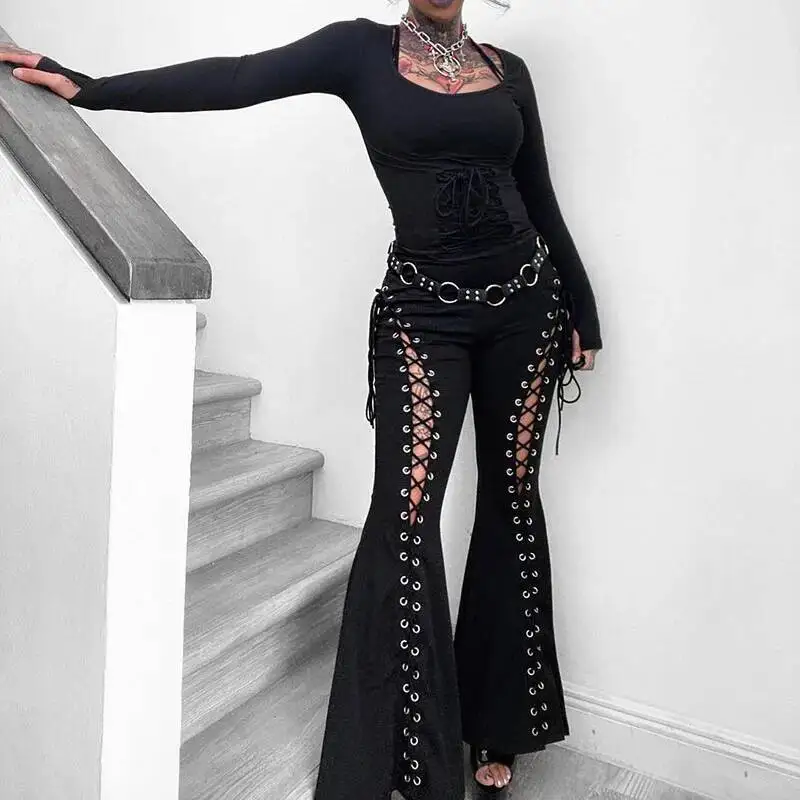 Pantalones de mujer, pantalones calados, novedad de verano 2021, pantalones acampanados a la moda urbana oscura para mujer, diseño de tiras con ojales sin forro