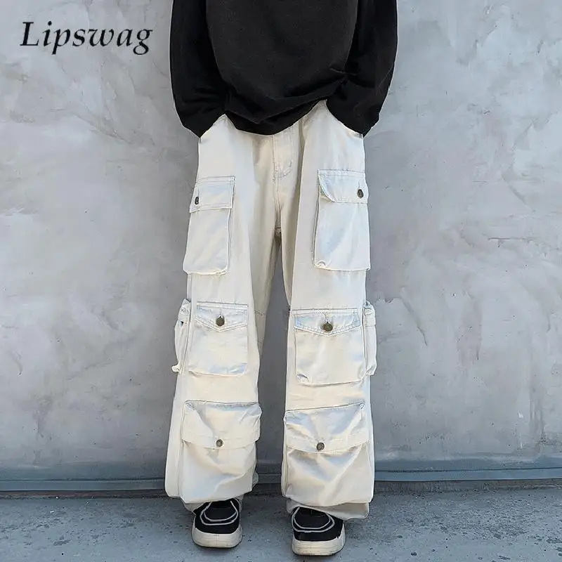 

2026 Spring Trendy Mens Cargo Pants Streetwear Vintage Solid Color Multi Pocket Trousers Men Outdoor Casual Loose Straight Pants