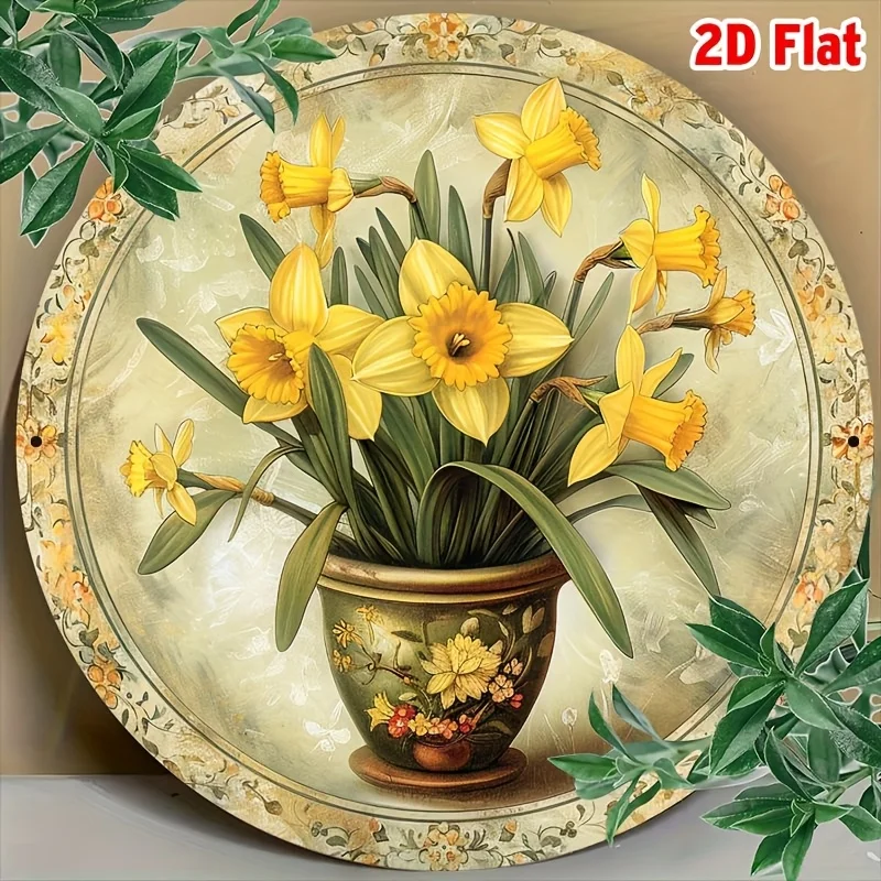 2D Flat, 1pc Vintage Narcissus Flower Round Metal Wall Art, 8x8 Inch Aluminum Decorative Plaque, Waterproof 2D Printed Sign for