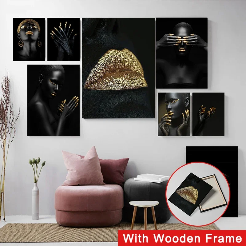 Framed Gold and Black Modern Makeup Model African Woman Canvas Wall Art Paintings Fashion Girl Poster for Living Room Home Decor