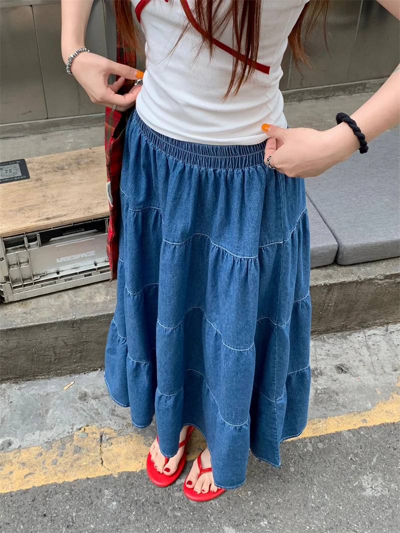 Benuynffy Vintage Ruffle Hem Denim Skirt Women Spring Summer 2024 Korean Casual Elastic Waist A-line Female Swing Long Skirts