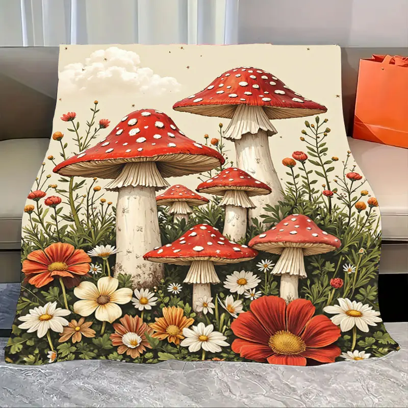 

1pc Flannel Blanket Enchanted Forest Mushroom Floral Blanket - Cozy Nature Print Throw