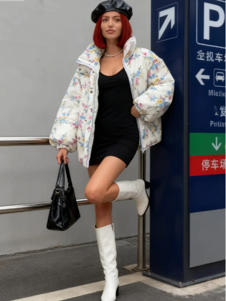 

Thick Warm Puffer Women's Jacket Chic Floral Print Loose Stand Collar Zipper Cotton Quilted Coat 2025 Autumn Winter Lady Outwear