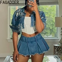 FAGADOER Fashion Y2K Street Style Women Turndown Collar Hole Long Sleeve Denim Jacket Casual Female Irregular Cowboy Crop Tops