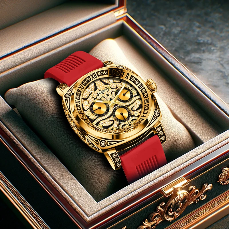 

A men's simple and stylish water diamond five-pointed star three-eye luminous red silicone strap quartz watch