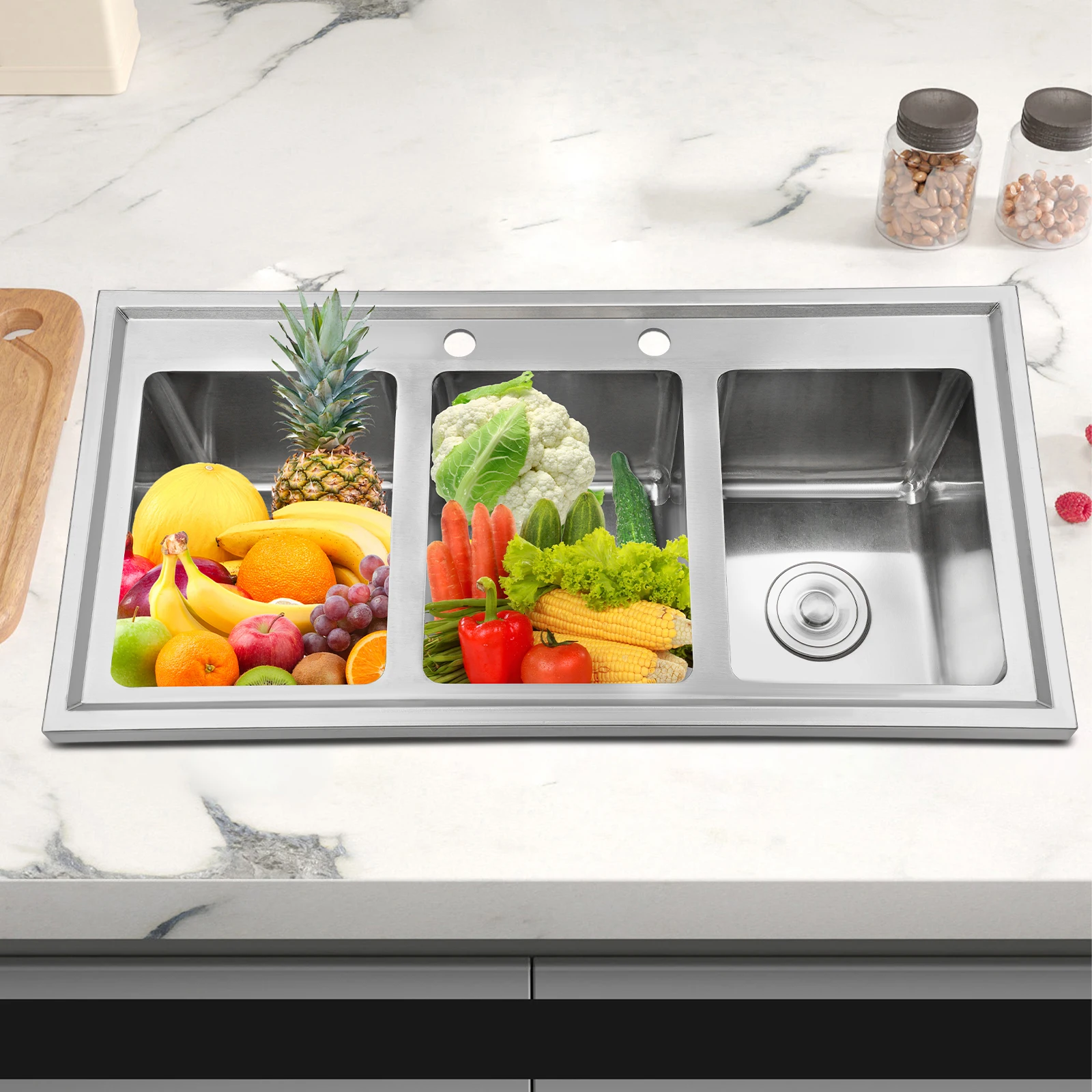 حوض مطبخ تجاري فضي مكون من 3 حجرات، حوض ثلاثي من الفولاذ المقاوم للصدأ 201، حوض إعداد بار 94 × 47 × 25.4 سم مع 3 أنابيب تصريف #1