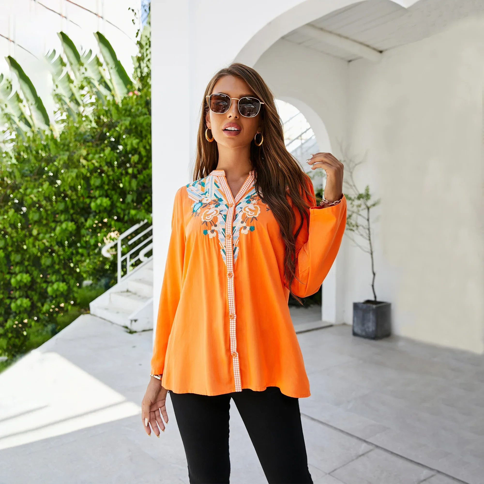 Summer Top Floral Embroidery Top Orange Cotton Autumn Bohemian Mexican Top Women's Long Sleeved T-shirt