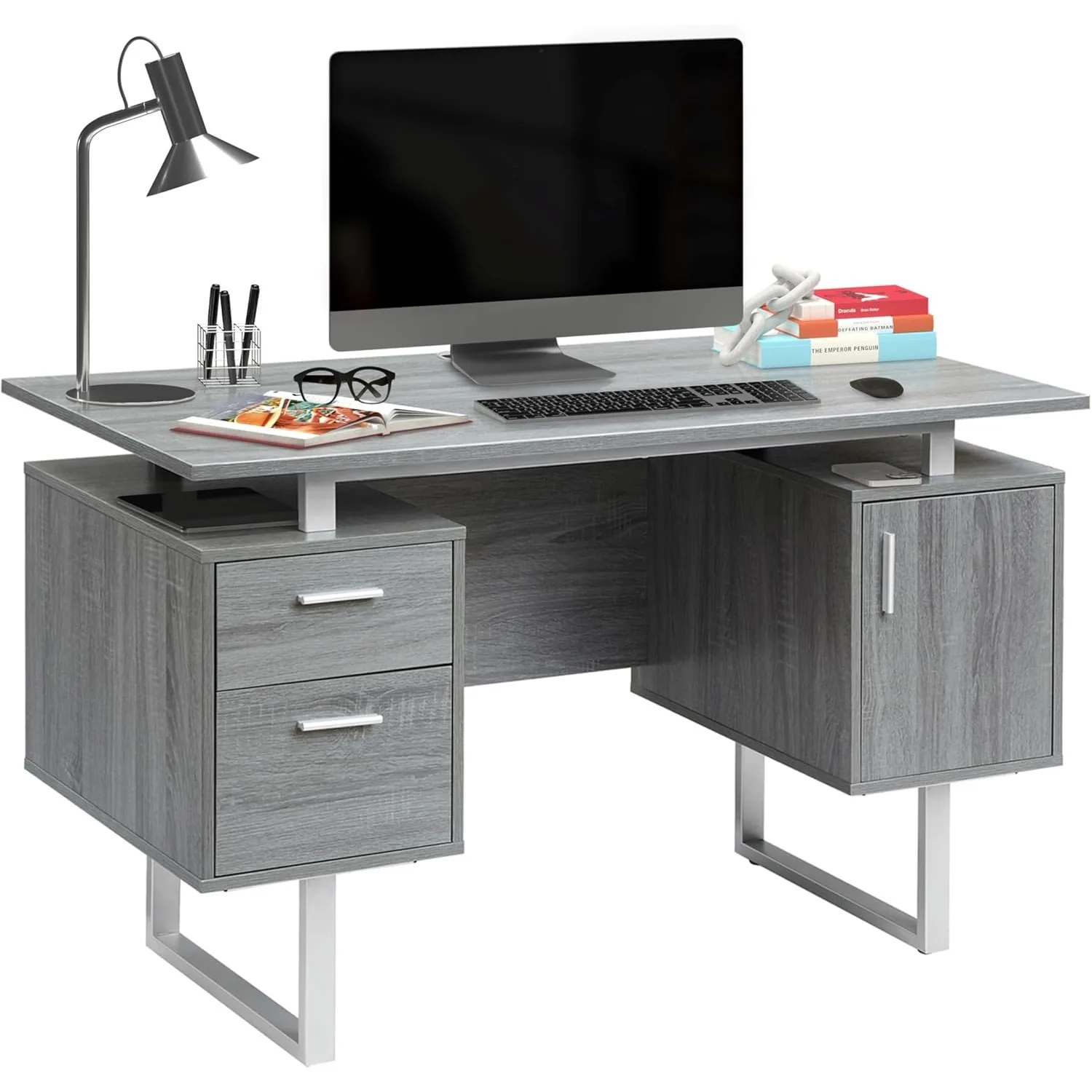 

Modern Office Desk with Storage, Gray,23.5"D X 51.25"W X 30"H