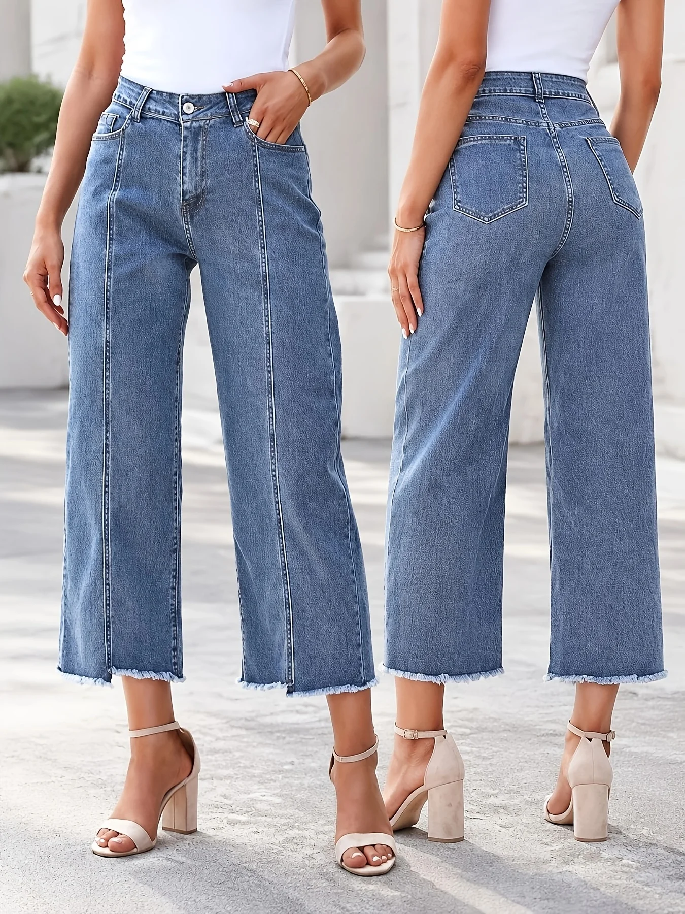 Women's High-Waisted Short Wide-Leg Jeans, with Front Seam Detailing, Raw Hem, Denim Pants, Vintage Washed Loose Fit, Street Style Jeans, with Pockets, Fashionable and Versatile, Women's Clearance Sale Apparel