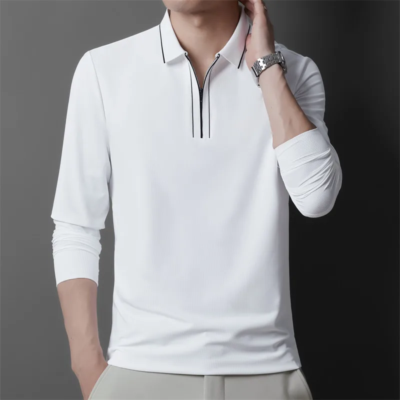 Quiet Luxury Men Business Casual Polo Shirt Black Green White Blue Long Sleeve Lapel Collar Quarter-Zip Tops Textured Fabric