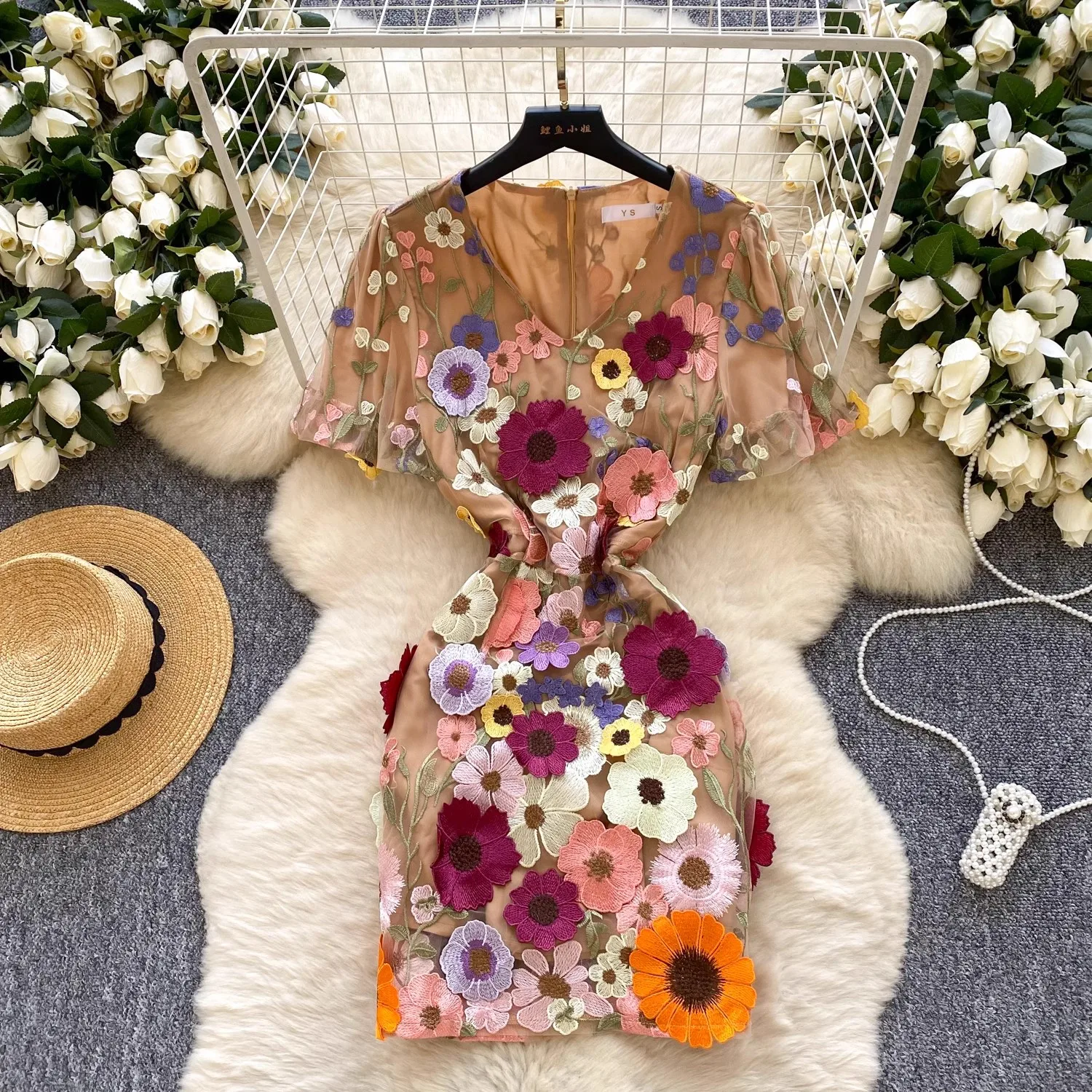

Summer French Luxury 3D Flower Embroidery Lace Prom Dress Women's V-Neck Short Sleeve Party Bodycon Holiday Mini Vestidos