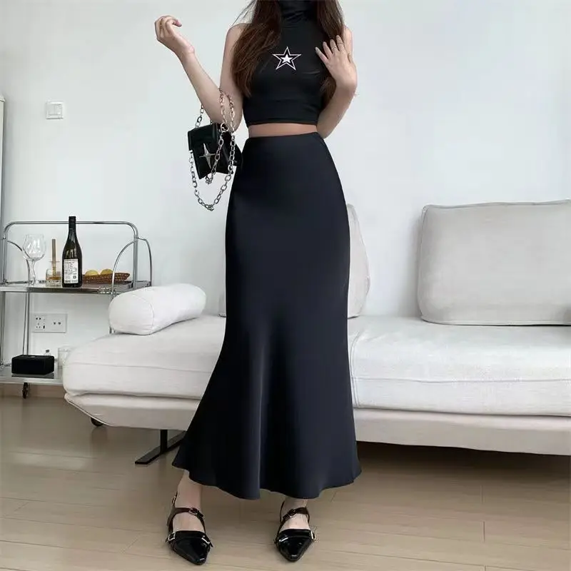 Elegant Women Fish Tail Half Skirt Korean Style High Waist Slimming Mini Skirt Fashion Temperament Solid Color Mid-Long Dress