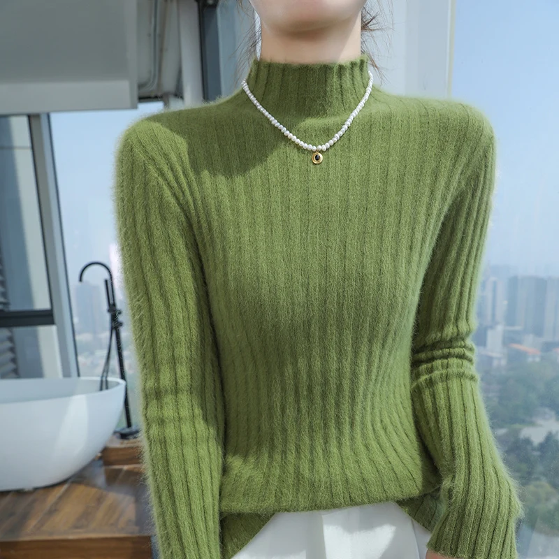 100% Pure Mink Cashmere Knit Pullover Lady's Semi-High Neck Slim Sprout Sweater Casual Joker Warm Bottoming Shirt Autumn Blouse