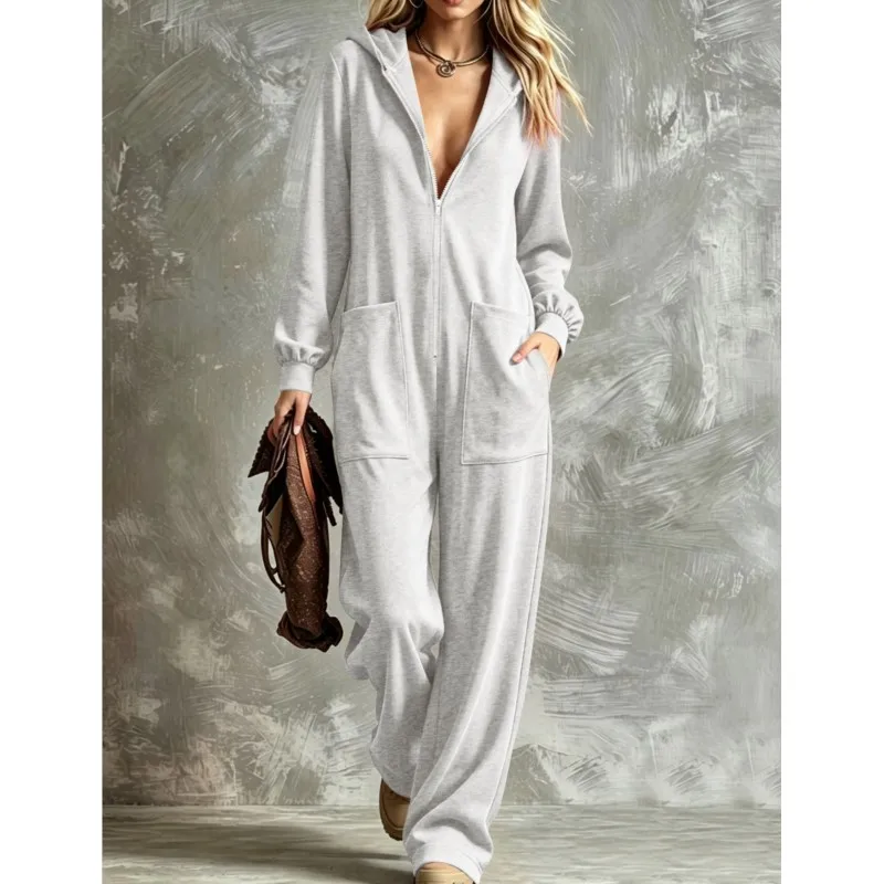 Spring Autumn Simple Jumpsuit Women's New Fashion Hooded Zipper Half Open Design Loose Jumpsuits With Pocket Lady Office Romper