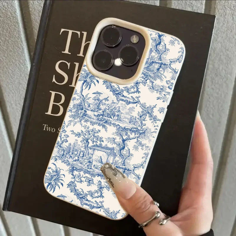 Blue Toile De Jouy Floral Print Case For iPhone 17 16 15 14 13 12 11 Pro Max Frame Protective Cover Retro Aesthetic Girls Funda