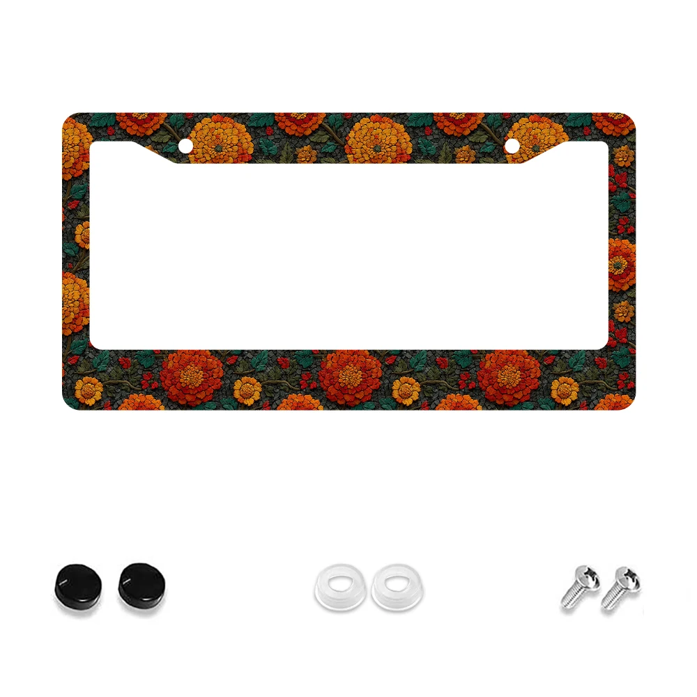 

1 шт., рамка номерного знака с 2 отверстиями в стиле ретро, оранжевый цветочный узор, алюминиевый материал, 6x12 дюймов с комплектом винтов, винтажные украшения для автомобиля