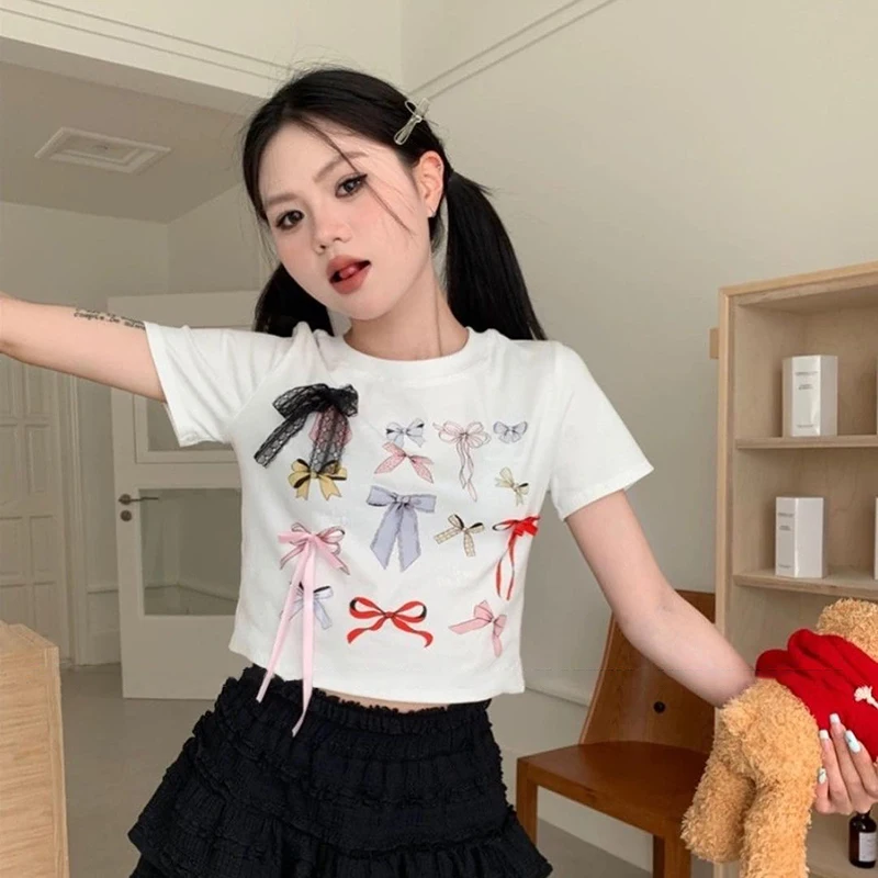 

Fashion O-Neck T-shirt Women Sweet Crop Top Summer Bow Print White Basic Slim Short Sleeve Tees Casual Streetwear Simple T-shirt
