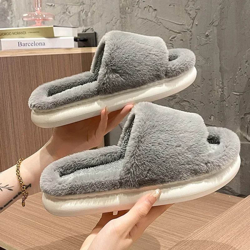 2022 Winter Women\'s Slippers Thick-bottomed Fur Furry Slides for Home Soft Platform Indoor House Warm lady Cotton Shoes