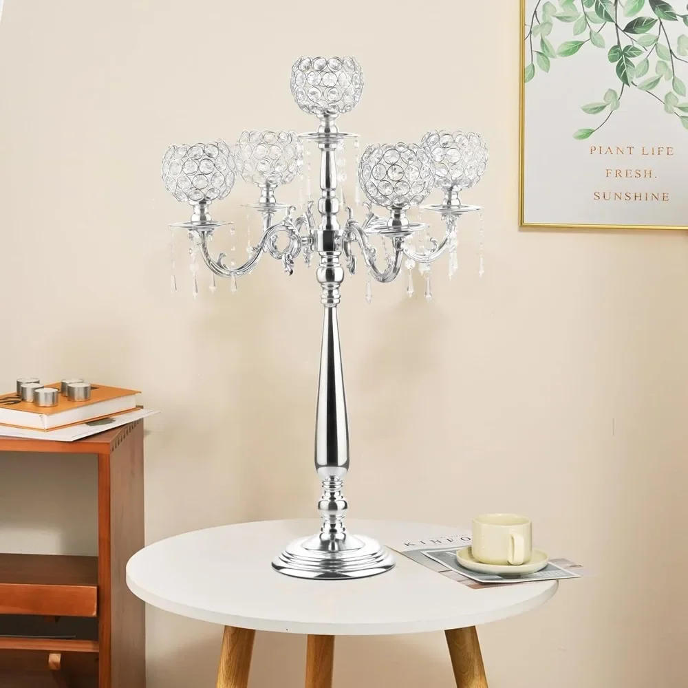 5 Arm Crystal Candelabra Centerpieces for Wedding,29.5Inches Tall Silver Metal Candlestick Holders with 5 Flower Bowl Holder for