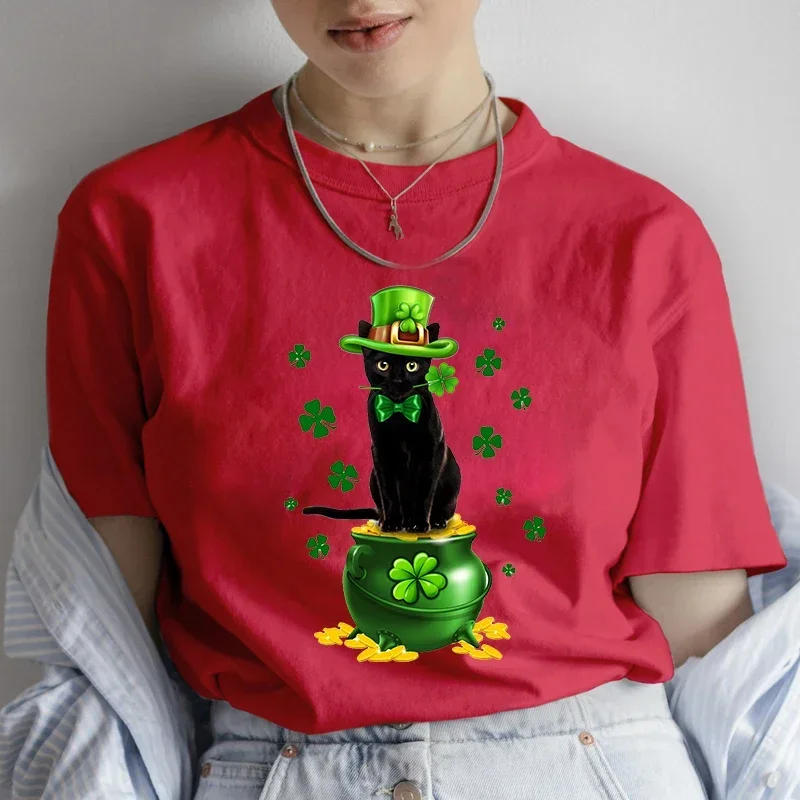 Women's T-shirt Black Cat Leprechauns St Patrick's Day Print Tee Shirts Fashion Leisure Ladies Trend Hip Hop Streetwear cotton