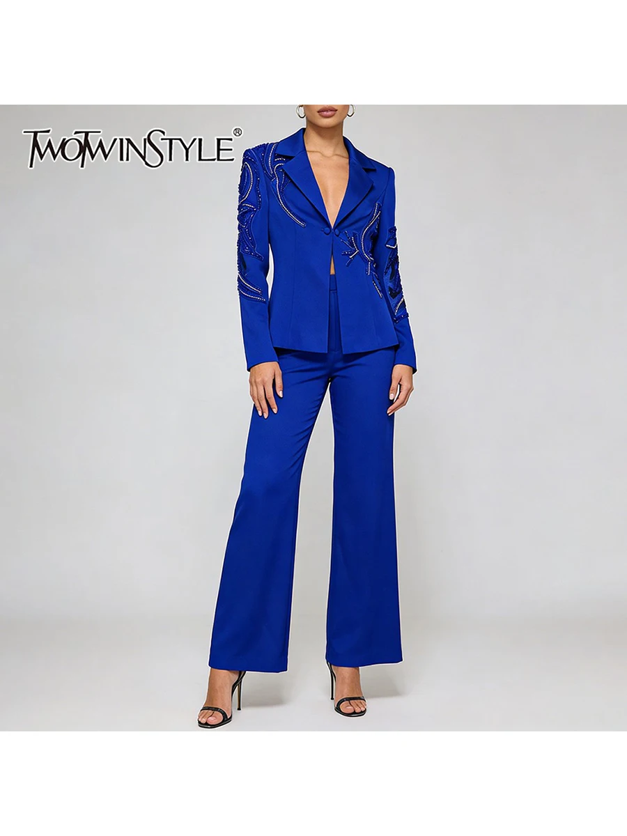 TWOTWINSTYLE Solid Temperament Two Piece Set for Women Lapel Long Sleeves Spliced Beading Blazer High Waist Pant Sets Female New