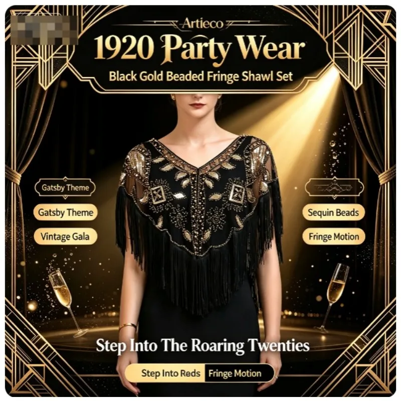 DROP SHIP 8857Women 1920s Sequined Shawl with Tassels Beaded Pearl Fringe Sheer Mesh Wraps Gatsby Flapper Bolero Cape Cover Up