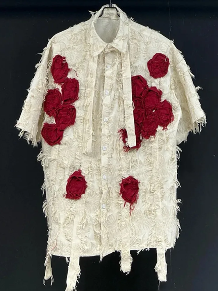 Personality Male Shirt Niche Flower Splicing Decorative Tassels Ribbon Design Short Sleeve Lapel Loose Men's Tops HJY78