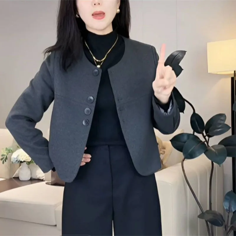 Grey Western Style Small Fragrant Woolen Coat Women's Jacket Tops Spring Autumn New Versatile Short Woolen Blended Suit Coat