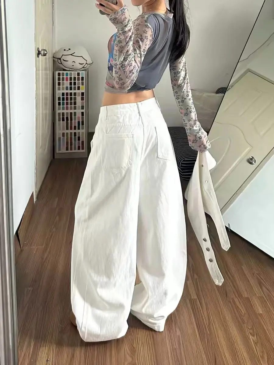 Y2K Summer Loose Wide Leg Floor Denim Pants White Detachable Fart Curtain Design for Women