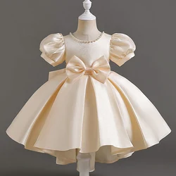 Little girl dress puffed sleeve court style short round neck champagne princess dress sweet #T002